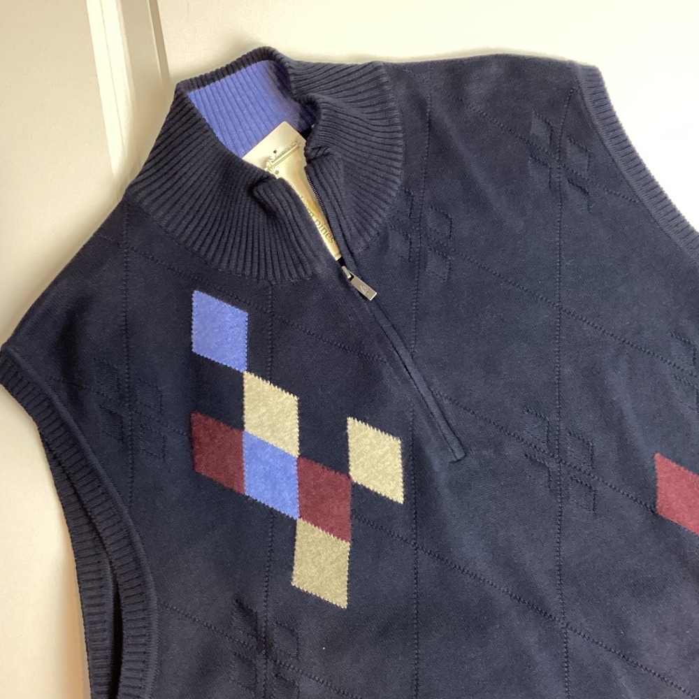 Southern Pines Mens XL Navy Blue Argyle Quarter Zip Sweater Vest NWT RN127237